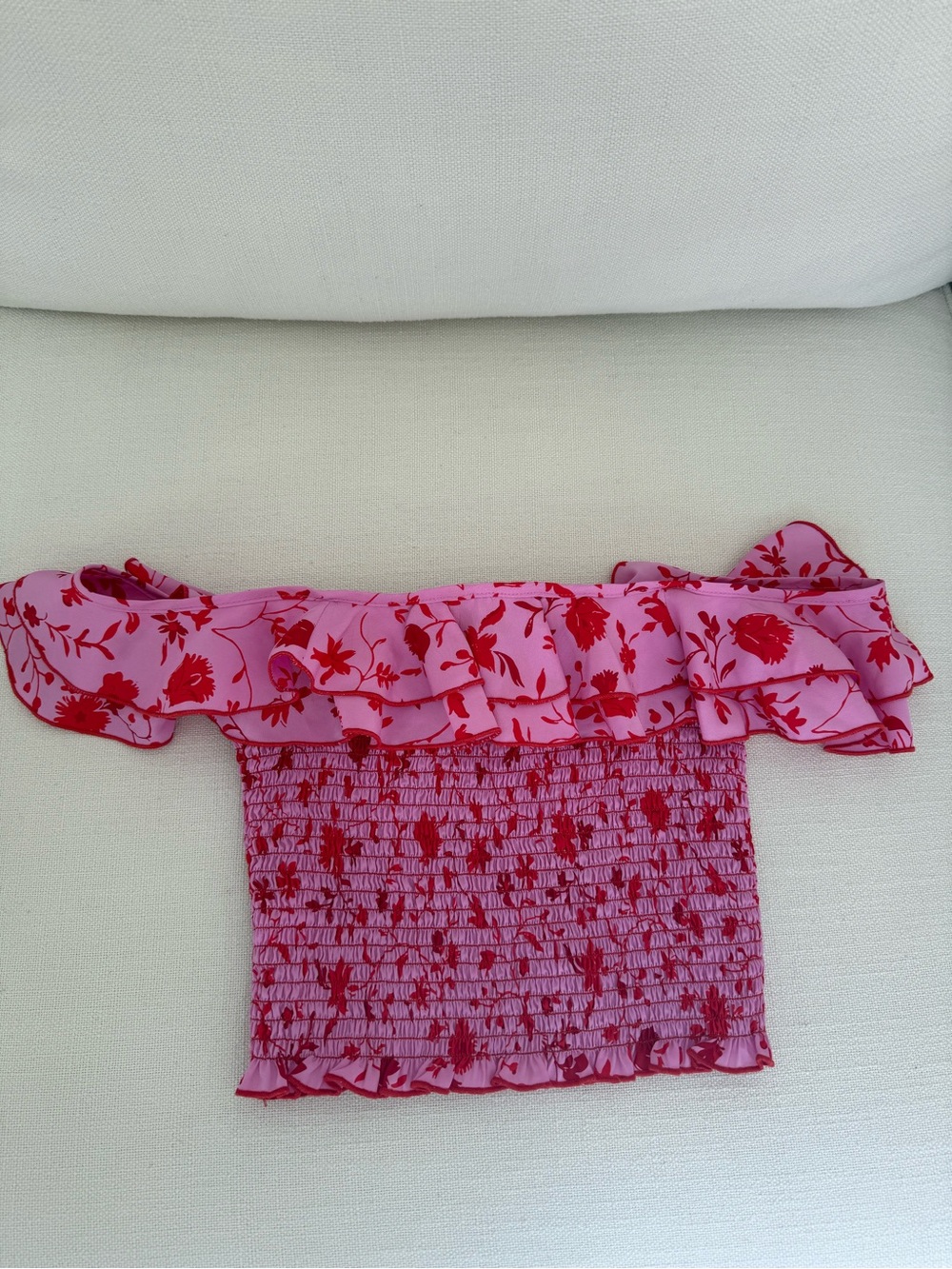 Likely Pink Crop Top with Red Floral Ruffle
